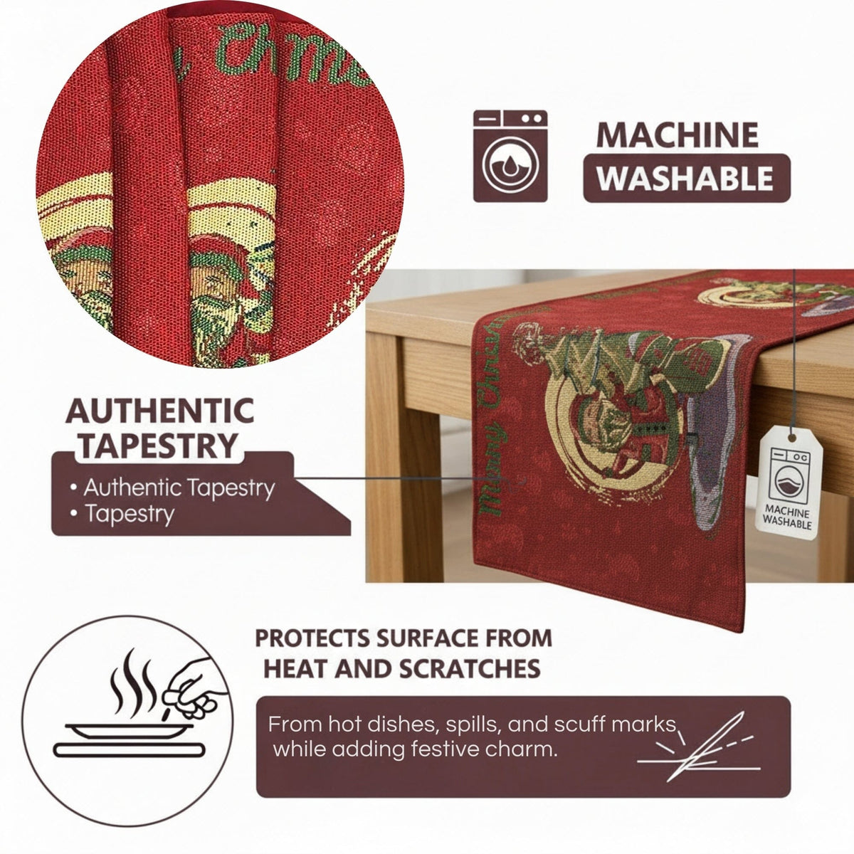 Red woven tapestry table runner, Santa scene with blue base accents