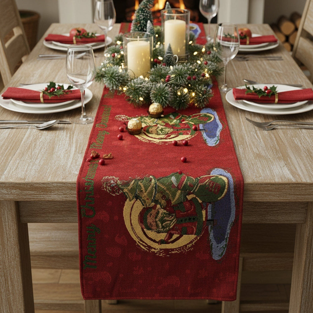 Red woven tapestry dining table runner with Santa and Christmas tree graphic