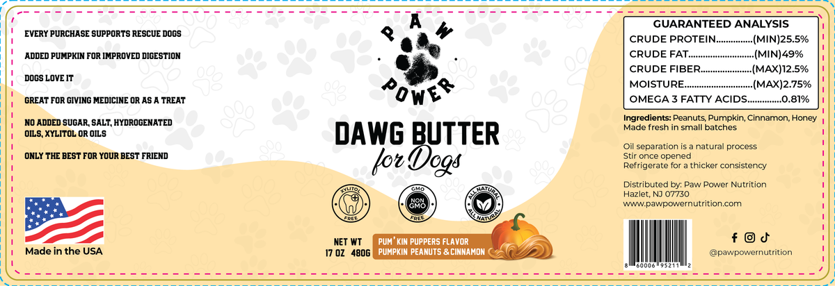 Dog treat jar label panel with Paw Power Dawg Butter for Dogs branding