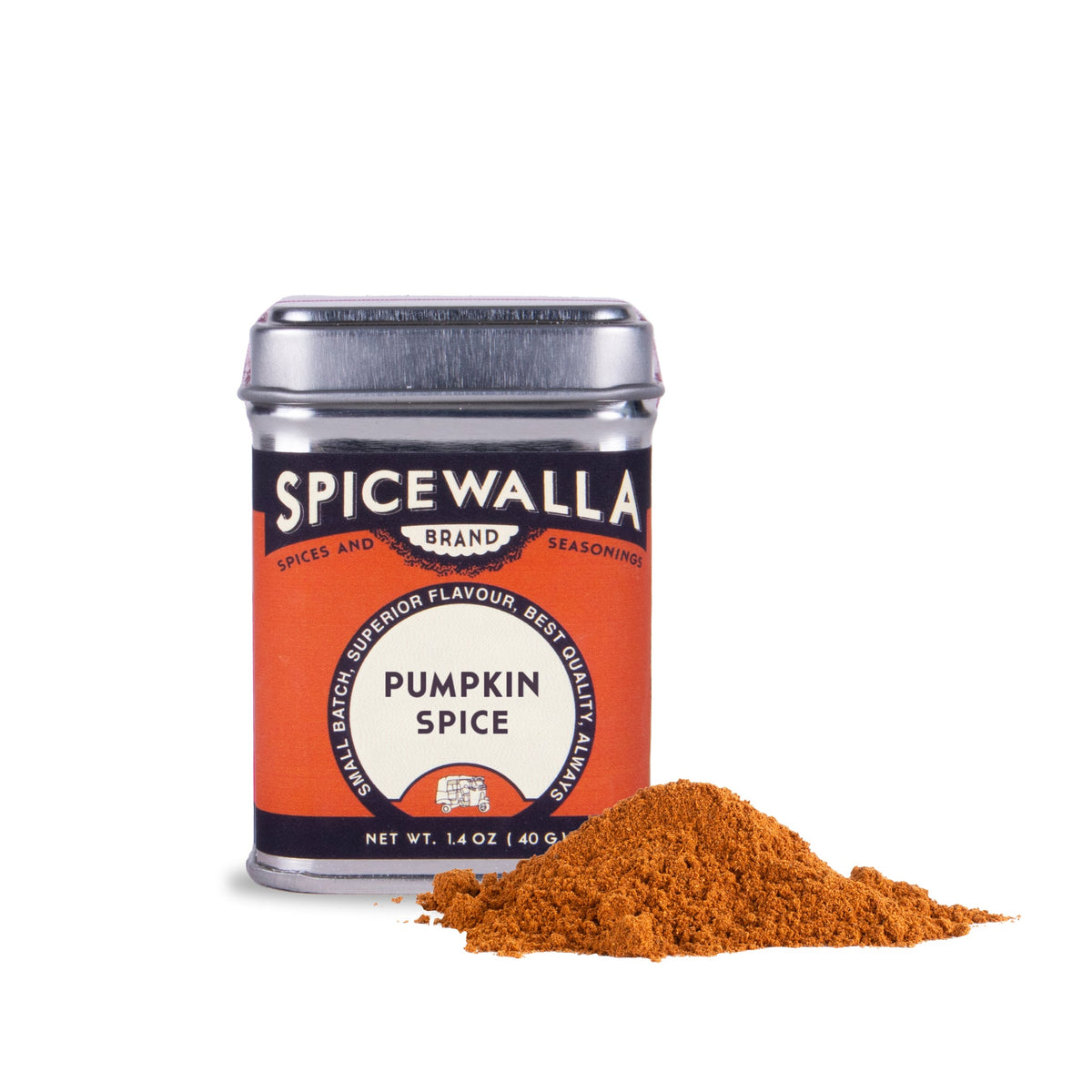 Spicewalla Pumpkin Spice seasoning tin and pile of orange-brown ground spice