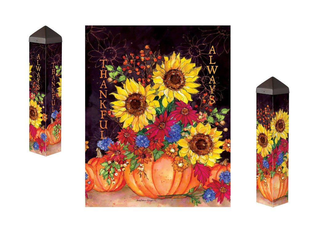 Fall art outdoor pole with pumpkin bouquet design, black cap, vertical banner