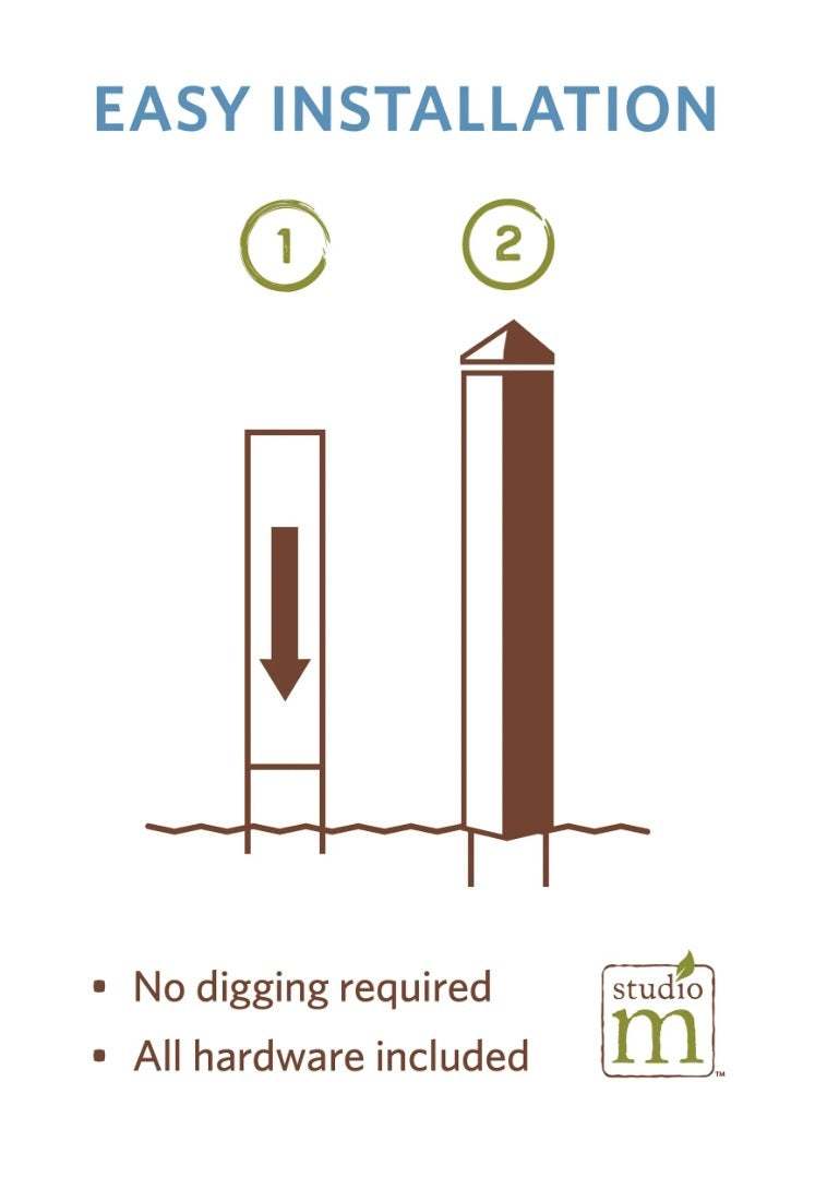Outdoor fall art pole installation diagram showing stake and no-dig setup