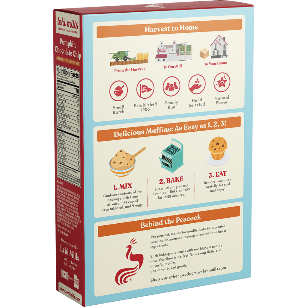Lehi Mills Pumpkin Chocolate Chip Muffin Mix box back with baking steps chart