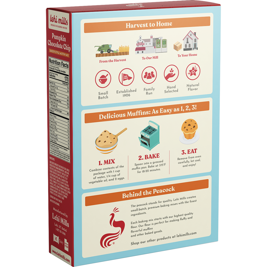 Lehi Mills Pumpkin Chocolate Chip Muffin Mix box back with baking steps chart