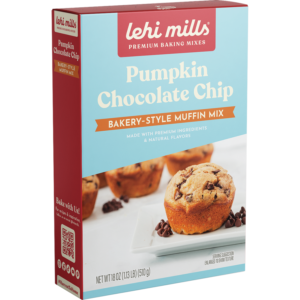 Lehi Mills Pumpkin Chocolate Chip Muffin Mix box, premium baking mix packaging