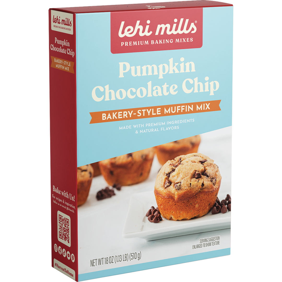 Lehi Mills Pumpkin Chocolate Chip Muffin Mix box, premium baking mix packaging
