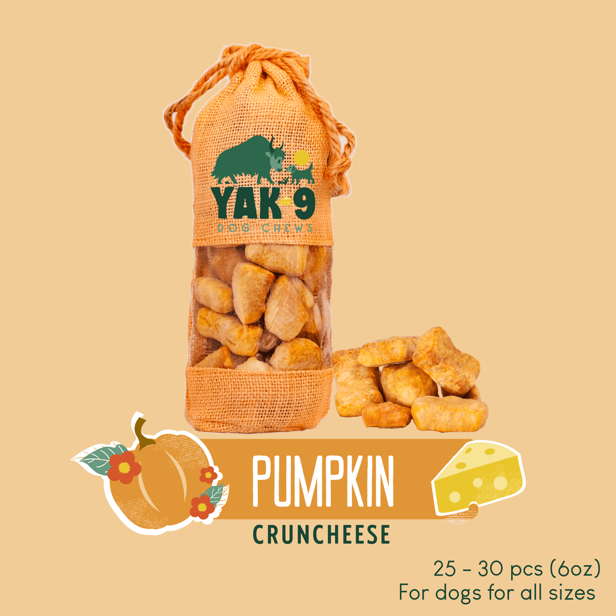 Yak 9 dog chews pouch with crunchy bites, Pumpkin flavor, cloth drawstring bag