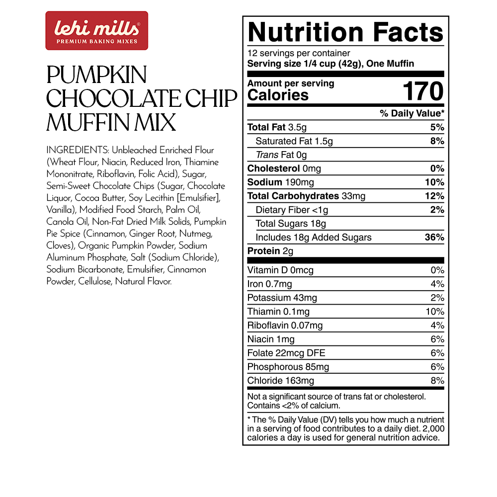 Nutrition Facts label for Lehi Mills pumpkin chocolate chip muffin mix, 1 muffin