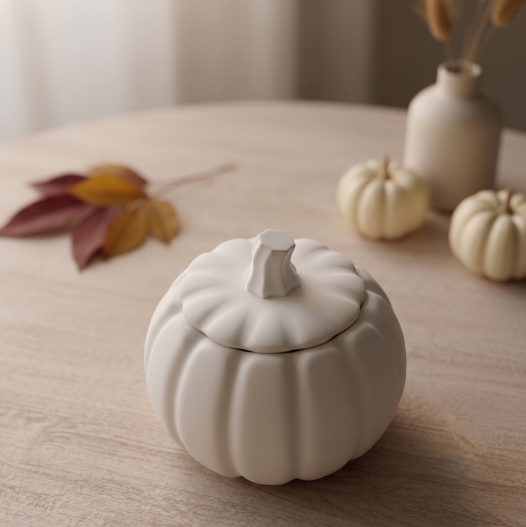 White pumpkin-shaped candle with ridged sides and removable lid, unlit