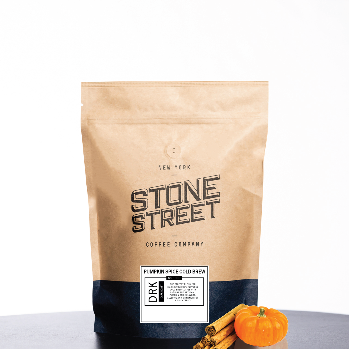 Pumpkin spice cold brew coffee bag with Stone Street logo, spice label, and pumpkin graphic