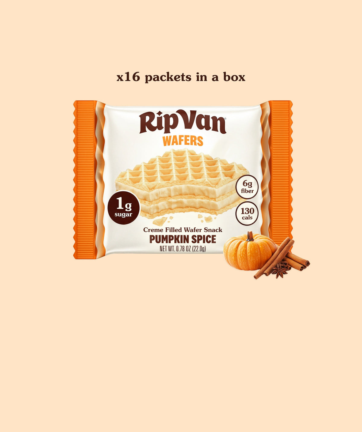 Pumpkin spice filled wafer snack packet, RipVan Wafers, 1 g sugar