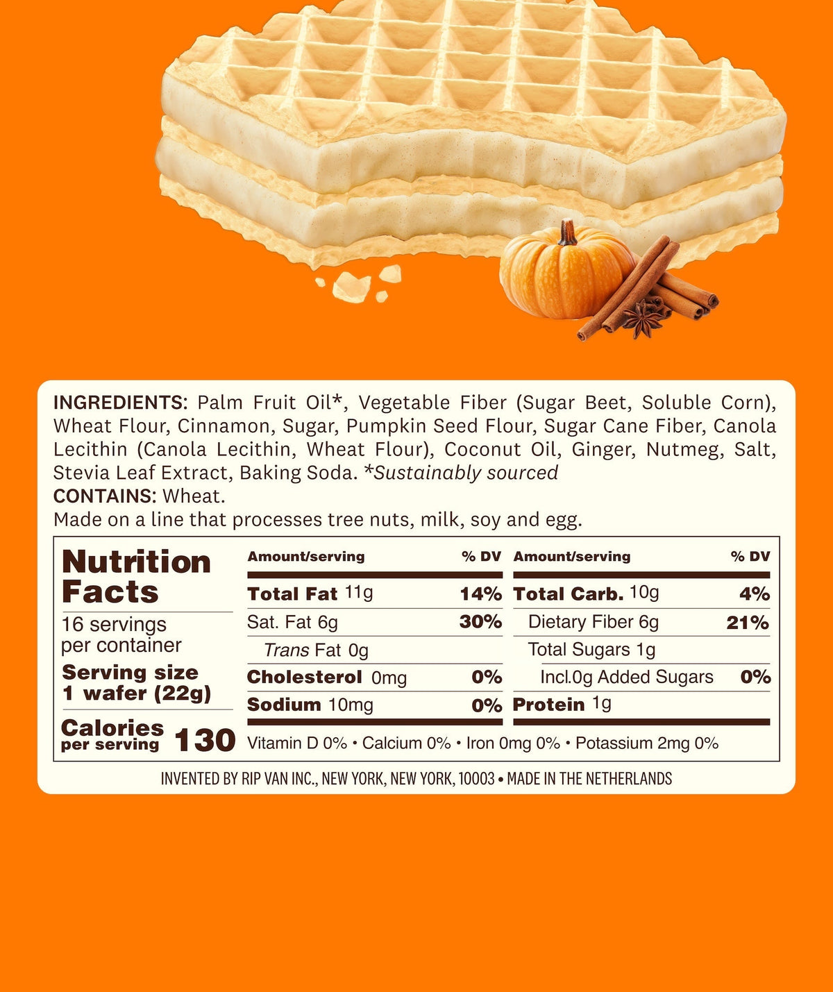 Nutrition facts label for pumpkin spice wafer snack, RipVan Wafers
