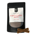 Small pumpkin & honey recipe pet chew sticks in 4 oz stand-up bag