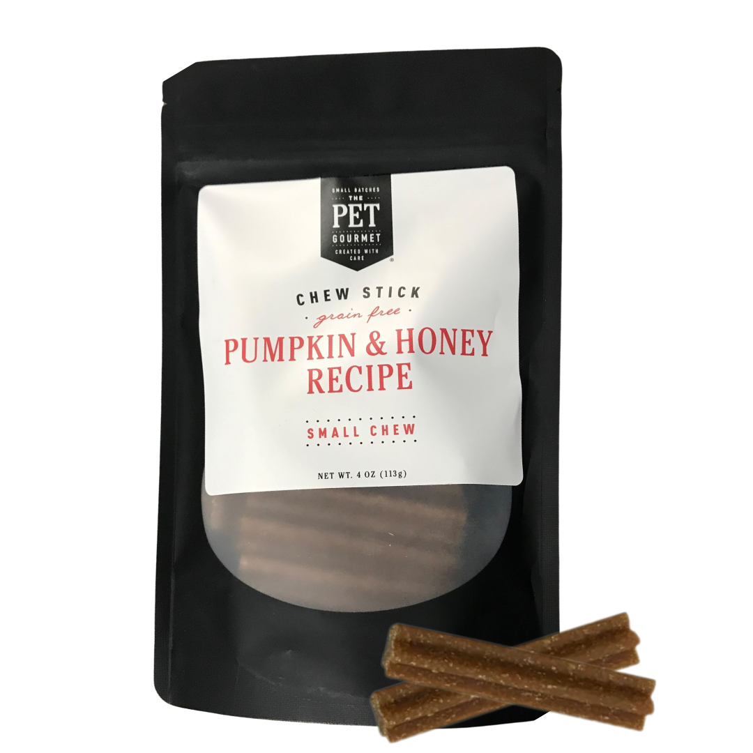 Small pumpkin & honey recipe pet chew sticks in 4 oz stand-up bag