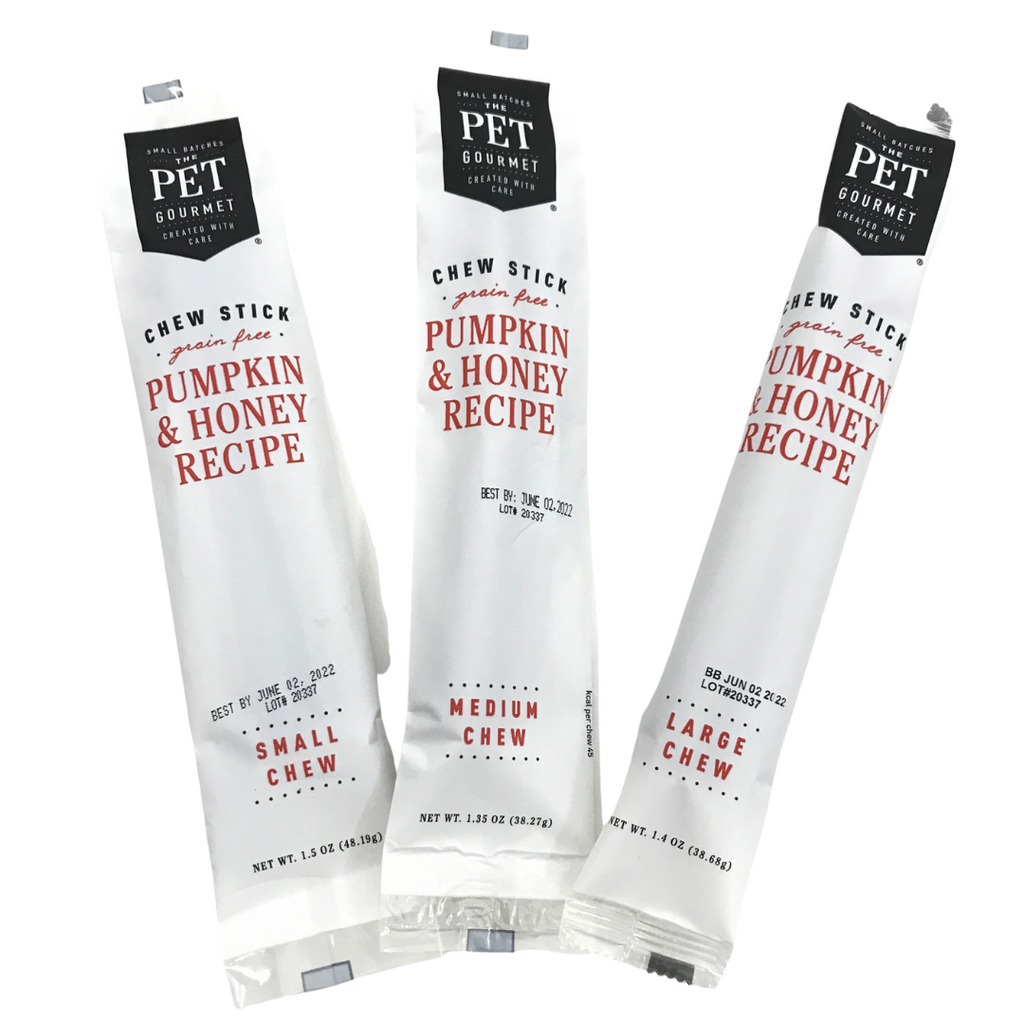 Pet Gourmet pumpkin & honey chew sticks: small, medium, large bags