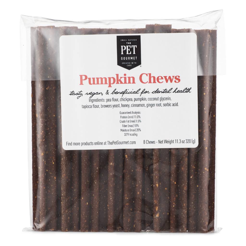 Dog gourmet chew sticks in a clear package, dark brown with specks