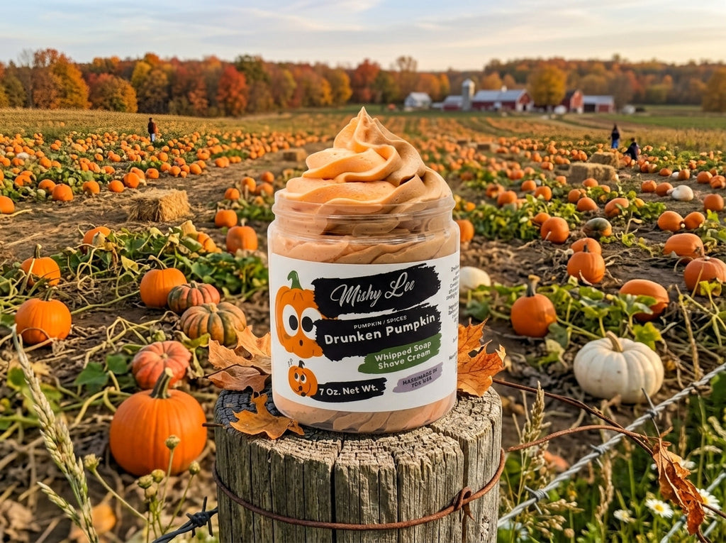 Whipped pumpkin soap and shave cream jar on a pumpkin field backdrop