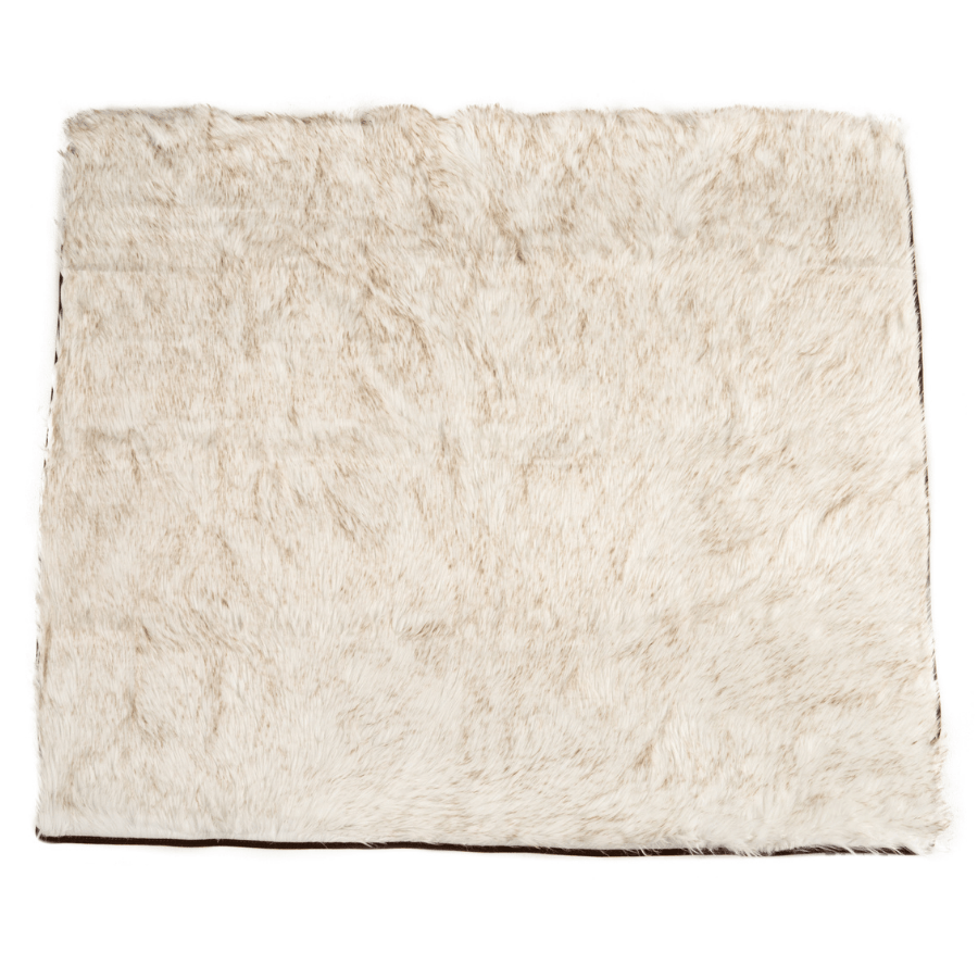 Waterproof faux-fur throw blanket sample, light beige square with fringed edges