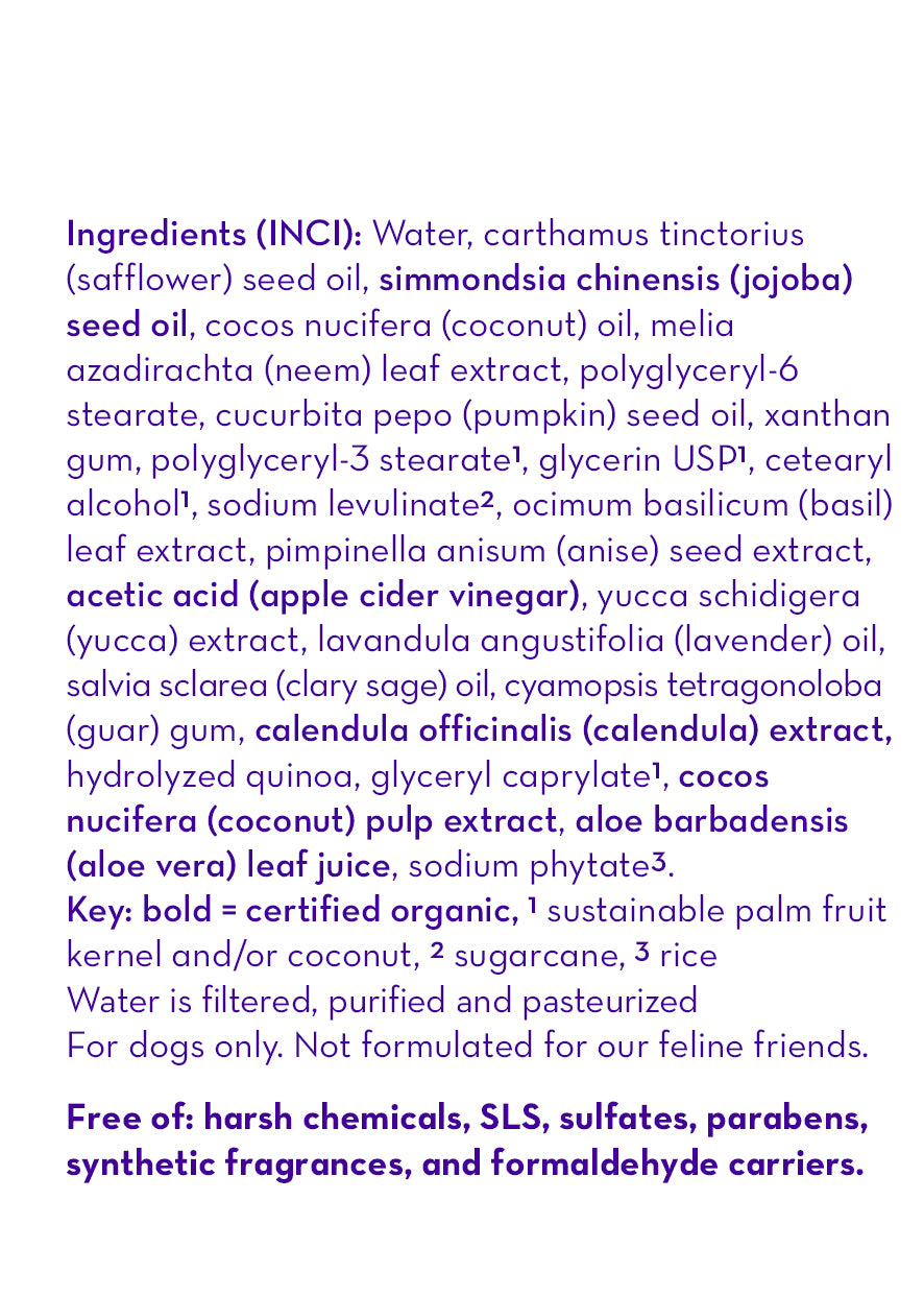 Calming™ puppy and dog conditioner label showing ingredients and key notes