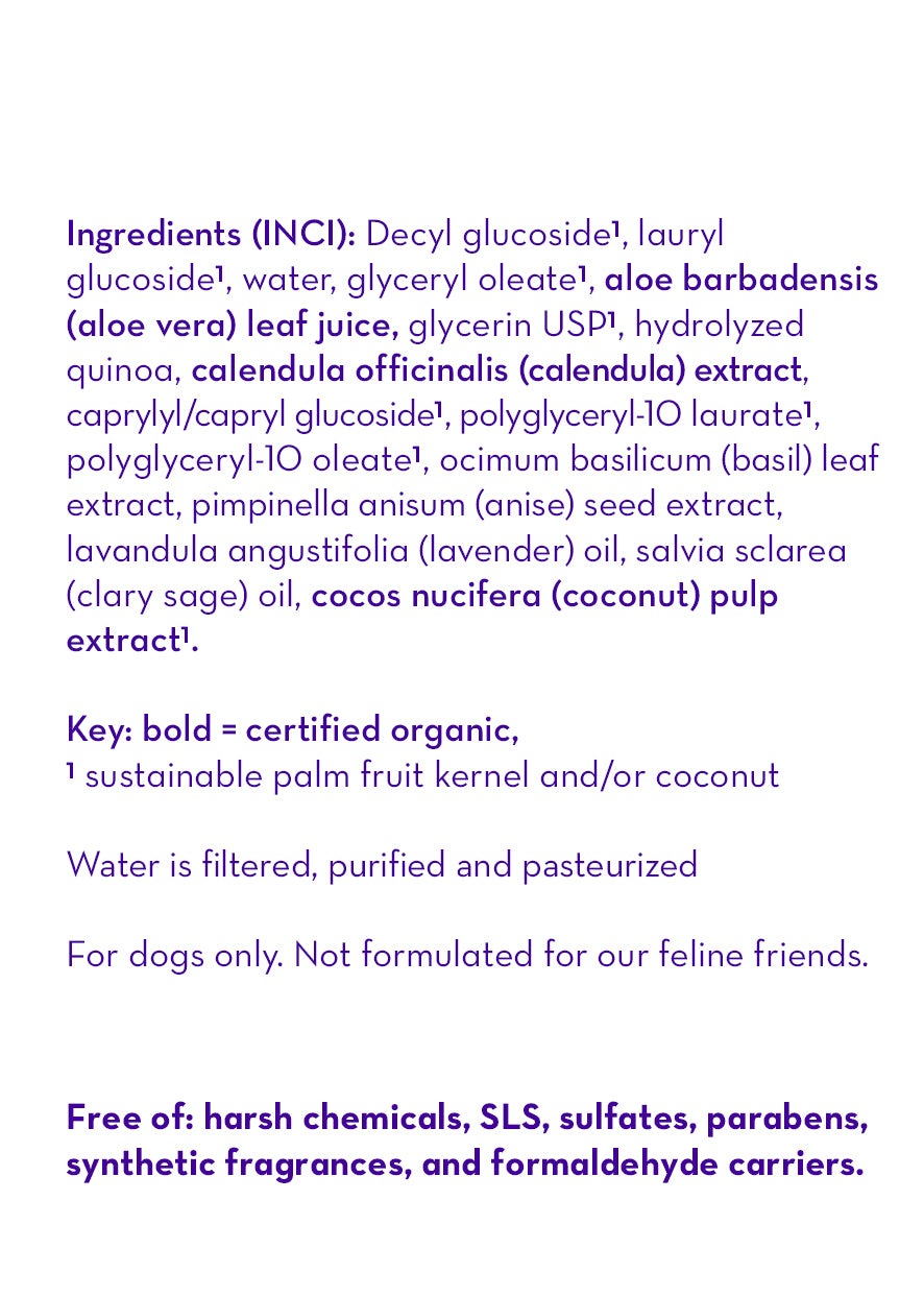Dog wash ingredients and free-from claims information panel