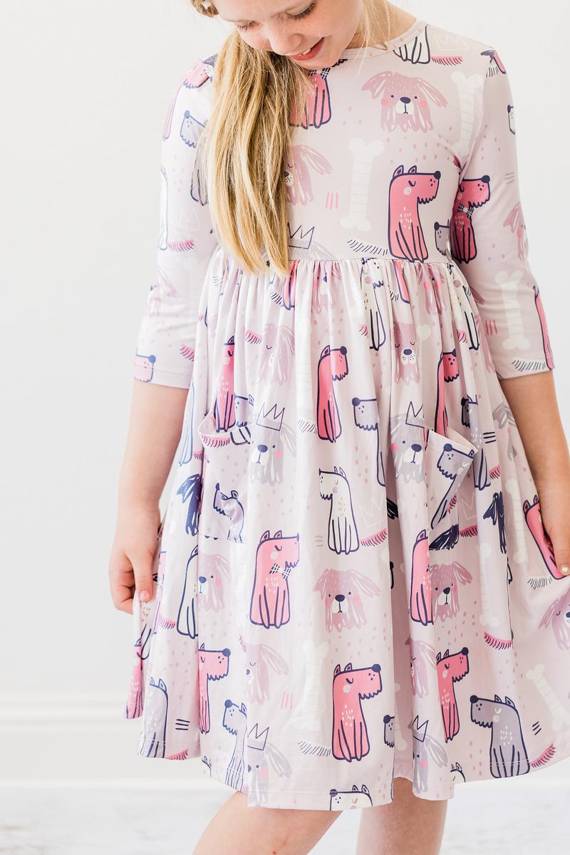 Girls' light pink 3/4-sleeve twirl dress with gathered skirt and cute dog print