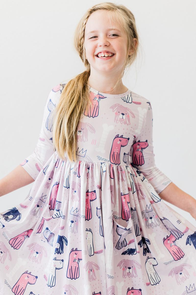 Girls' light pink 3/4-sleeve dog-print twirl dress with gathered neckline and skirt