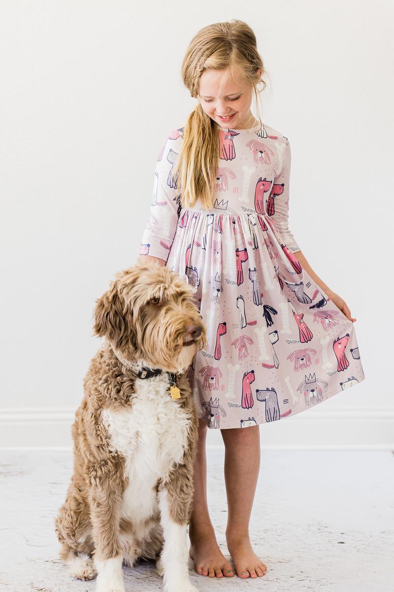 Girls' light pink dog-print twirl dress with gathered skirt and 3/4 sleeves