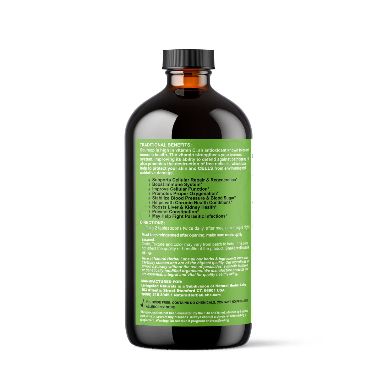 Livingston Naturals Pure Soursop herbal blend bottle, ingredients and directions text