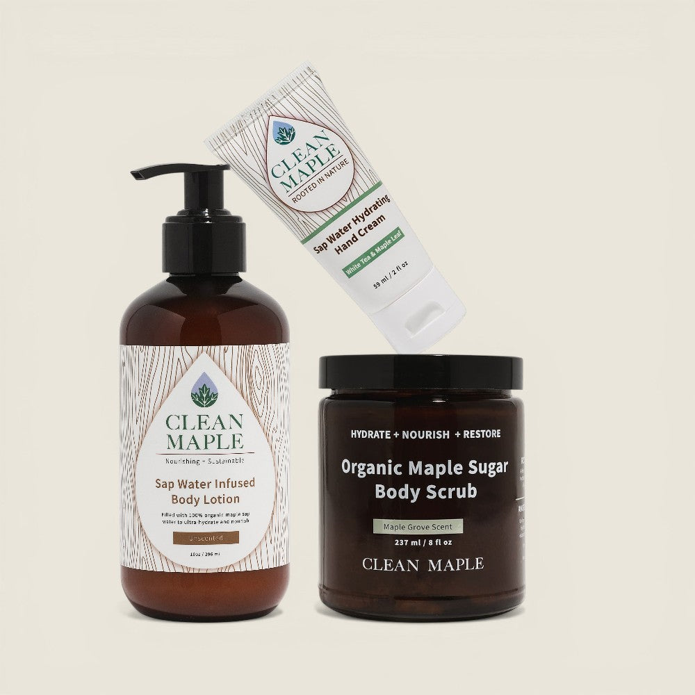 Clean Maple gift set with pump body lotion, scrub jar, and hand cream tube