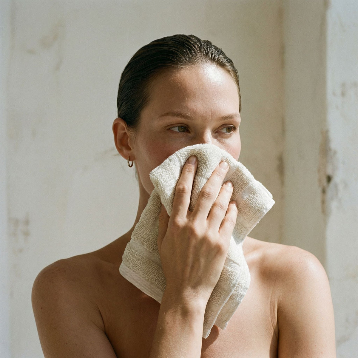 Cream cotton towel held to dry a woman's face after bathing