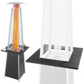Black metal patio heater accessory table with open base and side cutouts