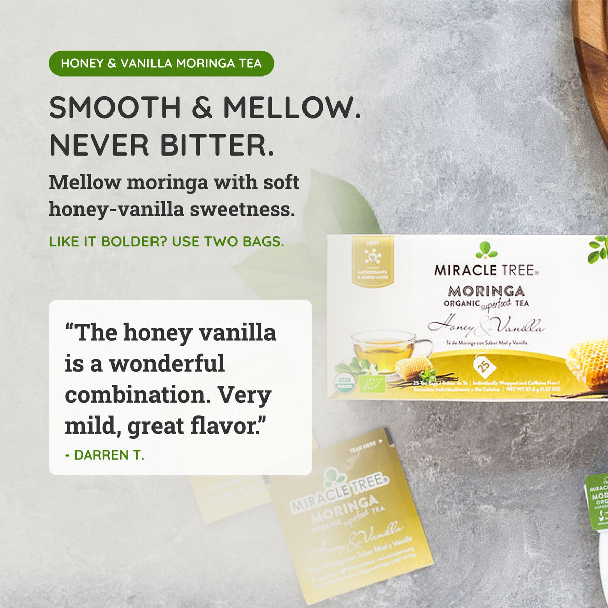 Moringa honey & vanilla herbal tea bags, including single-serve sachets.