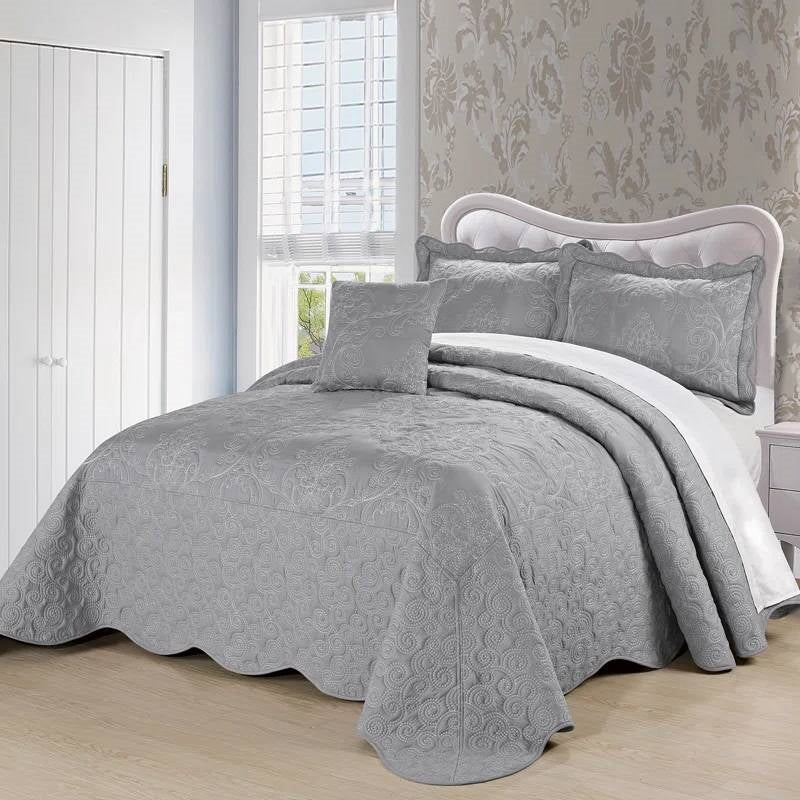 Queen-size ash gray damask embroidered bedspread with matching pillow shams