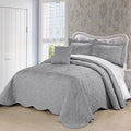 Queen-size ash gray damask embroidered bedspread with matching pillow shams