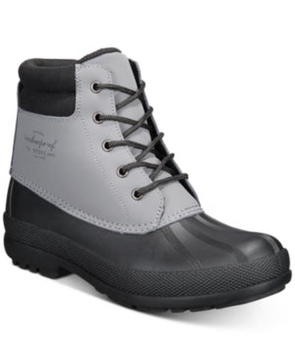 Men's lace-up leather ankle boots with grey upper and dark rubber sole