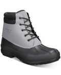 Men's lace-up leather ankle boots with grey upper and dark rubber sole