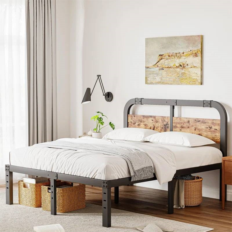 Queen Heavy Duty Black Metal Bed Frame with Solid Wood Panel Headboard
