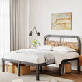 Queen Heavy Duty Black Metal Bed Frame with Solid Wood Panel Headboard