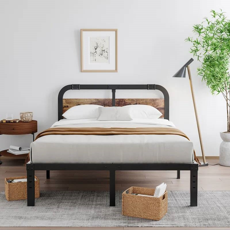 Queen Heavy Duty Black Metal Bed Frame with Solid Wood Panel Headboard