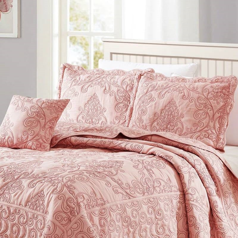 Dusty pink damask embroidered bedspread set with multiple pillow shams