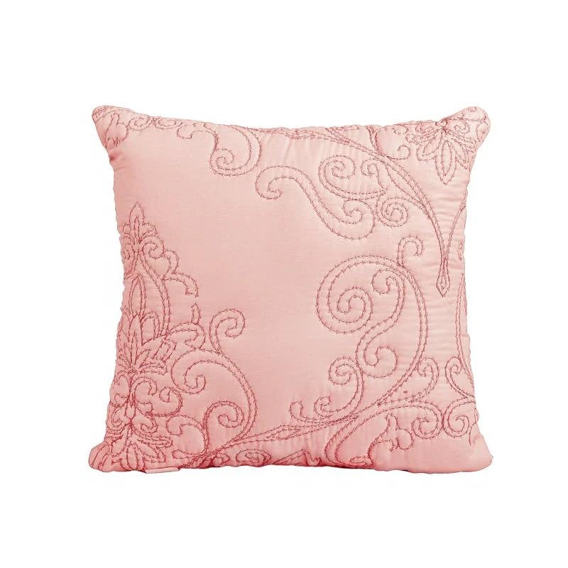Dusty pink damask embroidered square decorative pillow with swirl vine pattern