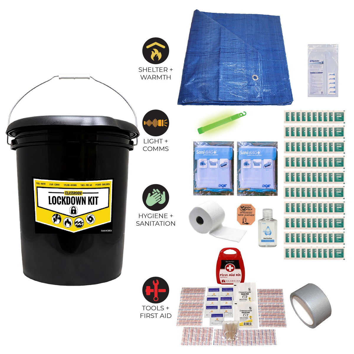 Emergency lockdown kit bucket with blue tarp, hygiene items, light commons labels, and first aid