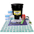Emergency lockdown kit bucket with label and assorted classroom safety supplies, including tarp