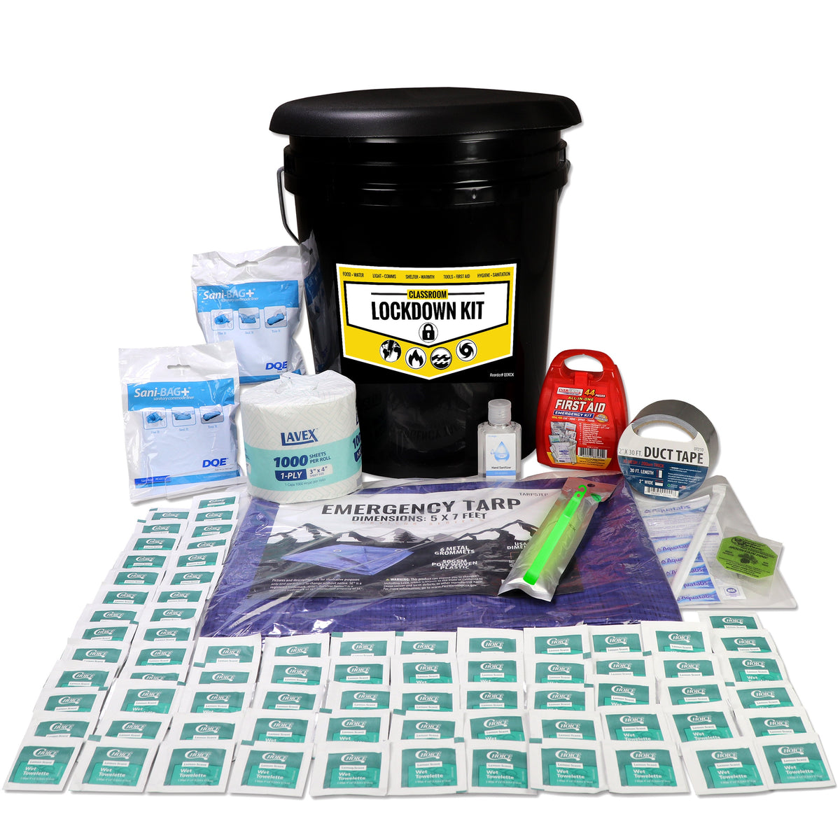 Emergency lockdown kit bucket with label and assorted classroom safety supplies, including tarp
