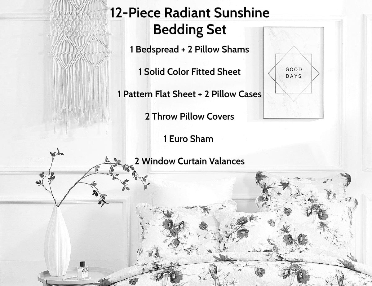 12-piece sunshine yellow hummingbird floral bedding set with comforter and pillow shams