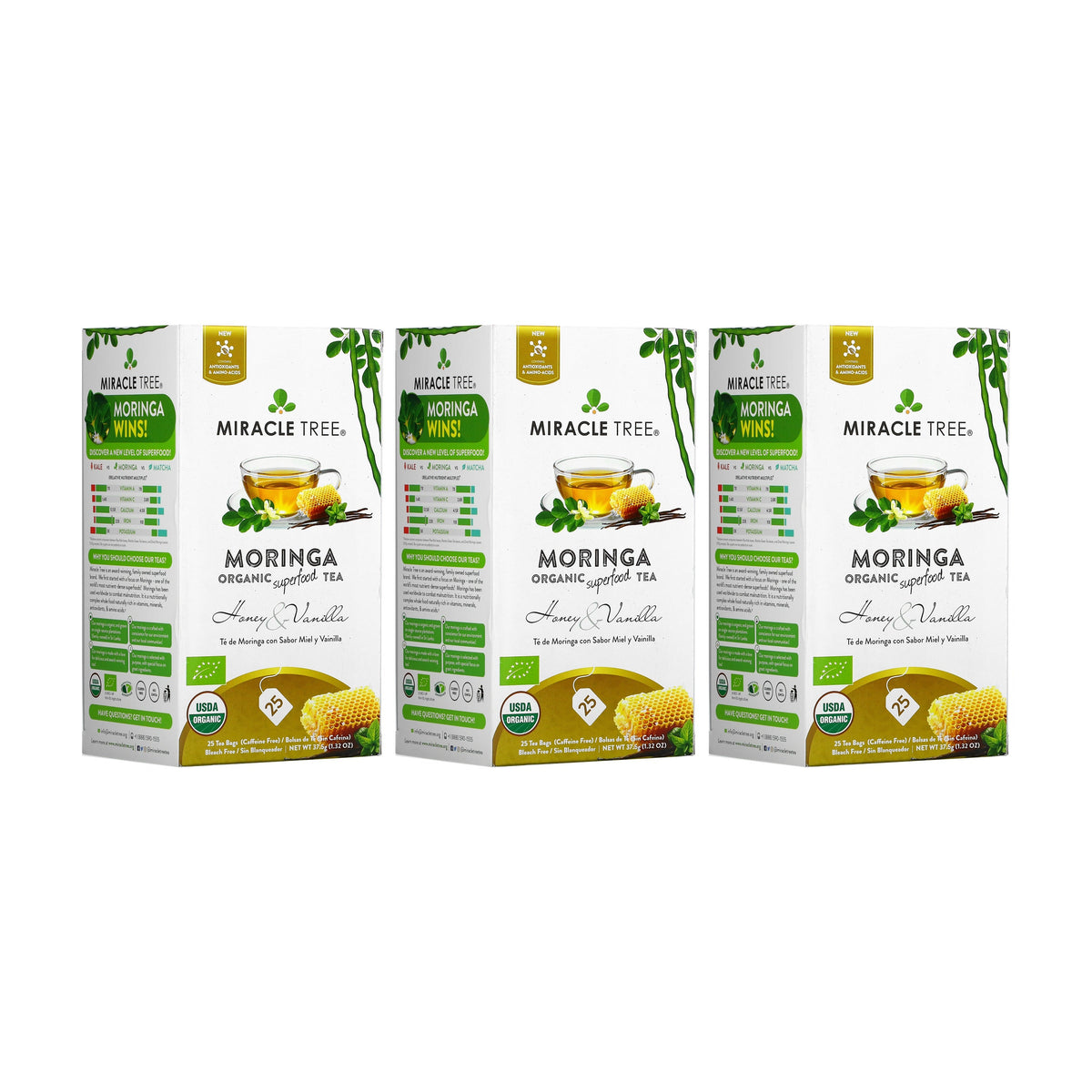 Three caffeine-free moringa honey & vanilla herbal tea boxes with matching packaging.