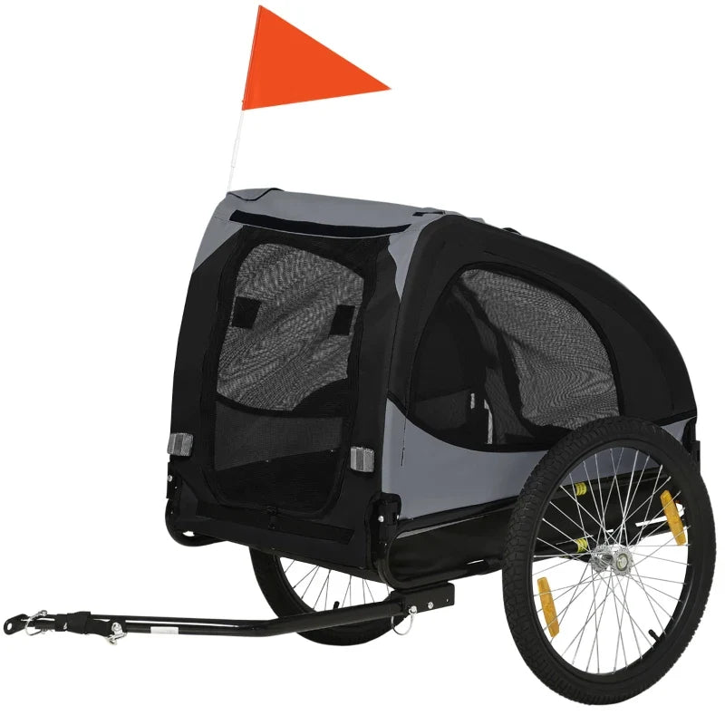 Black dog bike trailer pet stroller with mesh side panels and orange safety flag