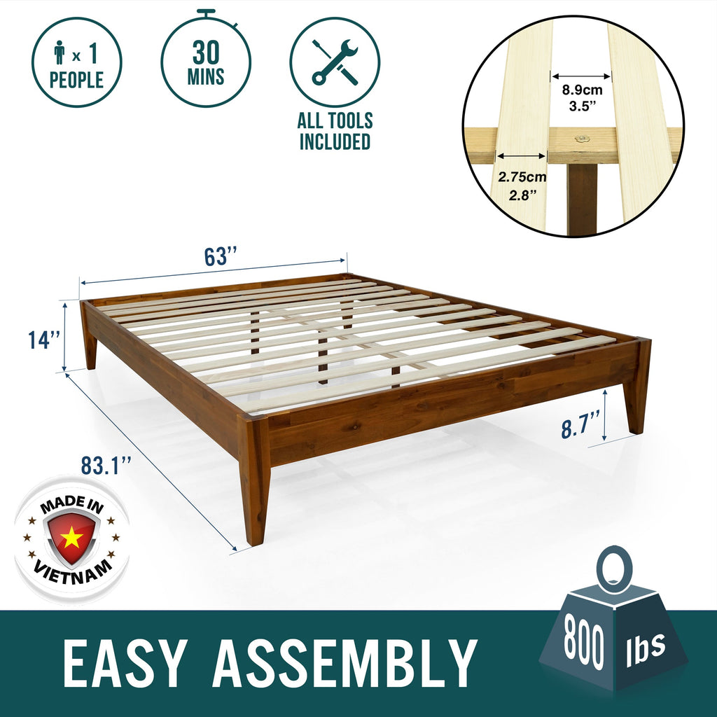 Brown wooden platform bed frame with slatted slats and corner legs