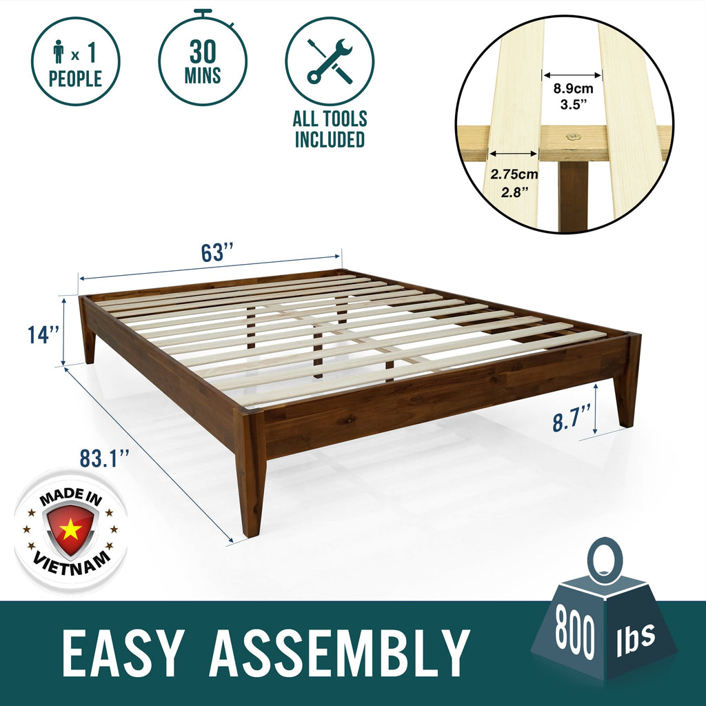 Solid wood bed frame with slatted base and corner legs