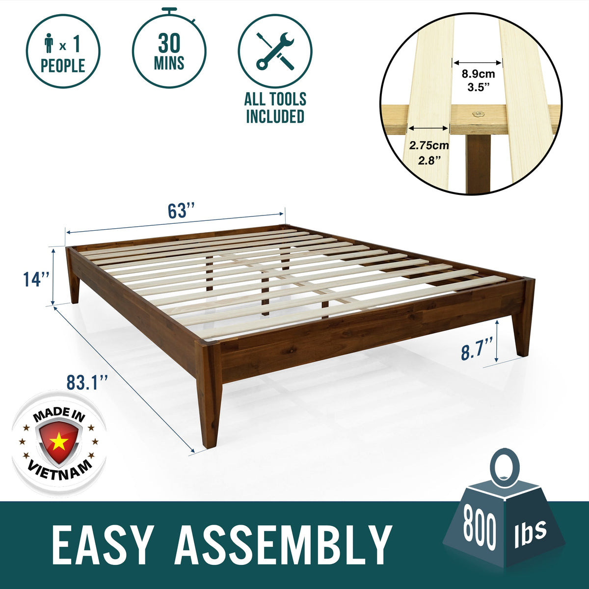 Solid wood bed frame with slatted base and corner legs